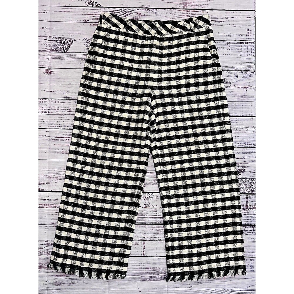 Brooks Brothers Red Fleece Black White Check Cropped Wide-Leg Fringe Pants 2